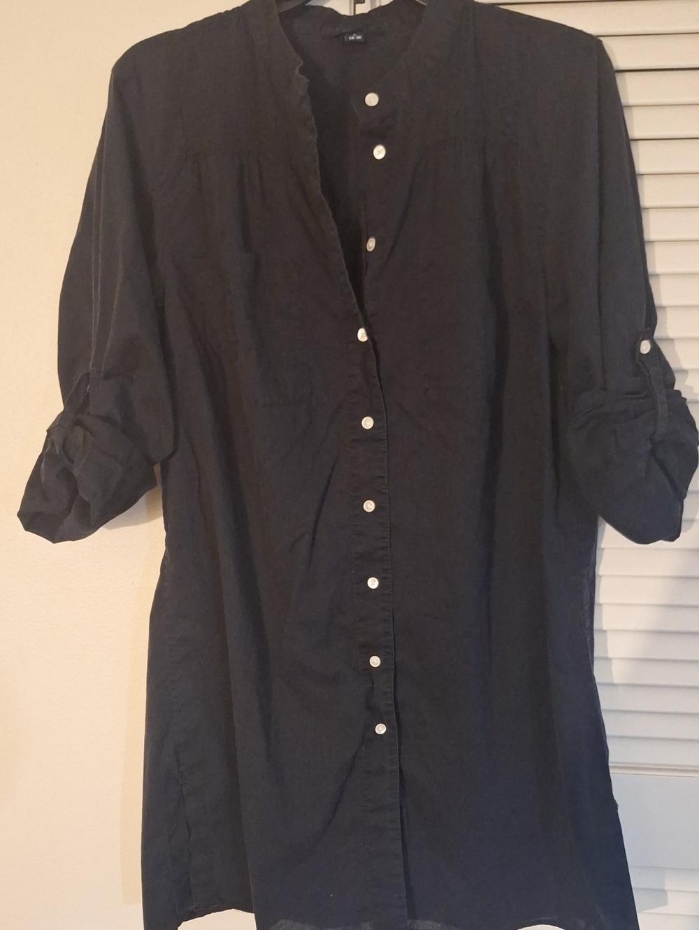 Lands' End Black Long Button-Up Dress with Roll-Tab Sleeves and White Buttons